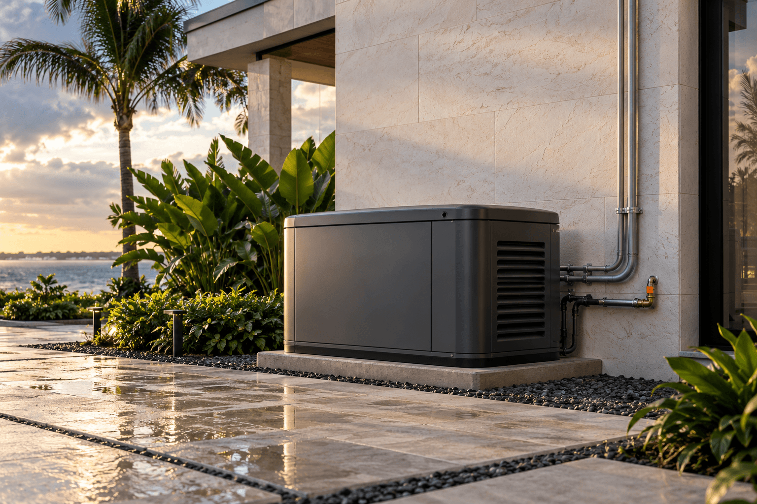 A standby generator installed beside a South Florida home